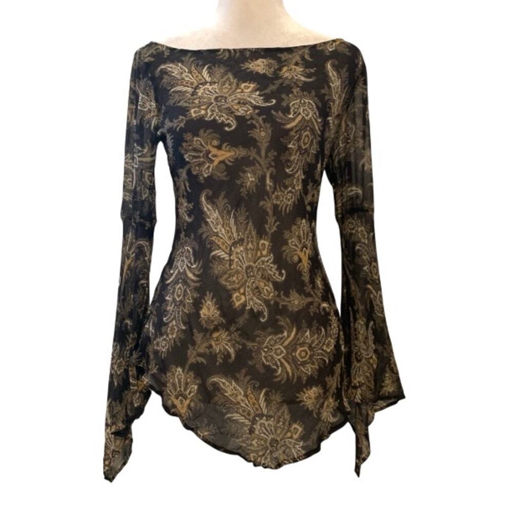 Express Vintage 100% Silk Fairycore Sheer Black Paisley Top Small